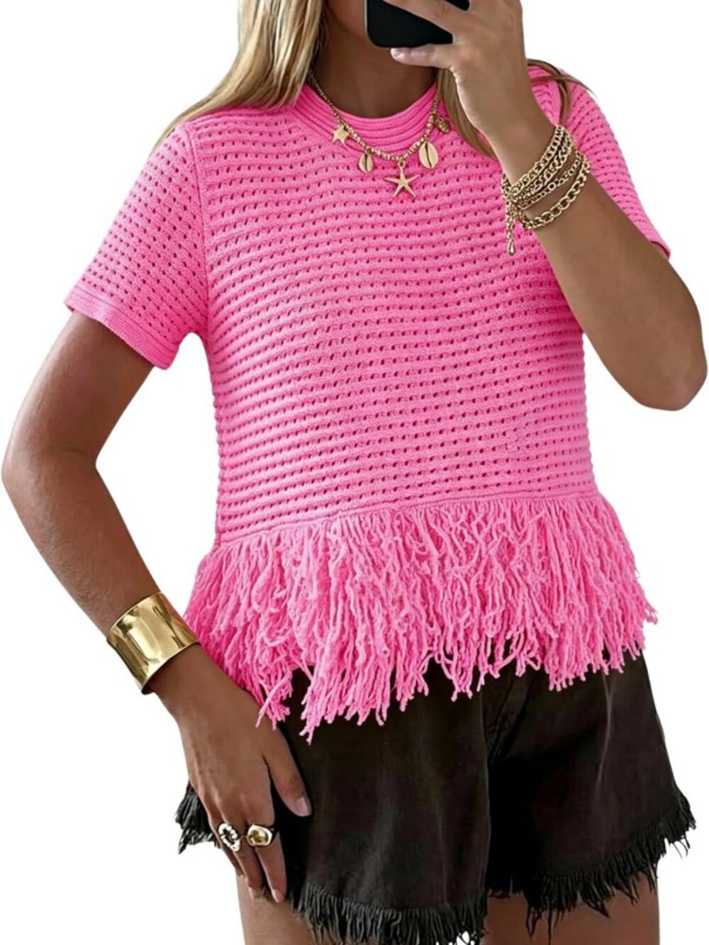 Boho Crochet Fringe Top for Women - Summer Short Sleeve Sweater Style
